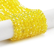Electroplate Transparent Glass Beads Strands, Faceted(32 Facets), Round, Pearl Luster Plated, Yellow, 4mm, Hole: 0.7mm, about 87~93pcs/strand, 32~33cm(EGLA-A035-T4mm-A03)
