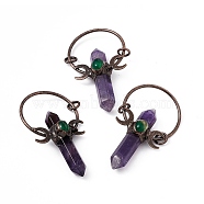 Natural Amethyst Double Terminal Pointed Big Pendants, Faceted Hexagonal Bullet Charms, with Rack Plating Red Copper Tone Brass Findings, Cadmium Free & Lead Free, 71.5~72x40~41x16.5~18mm, Ring: 9x1.5mm, Hole: 6mm(G-D483-01AB)