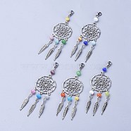 Tibetan Style Alloy Big Pendants, with Cat Eye Beads & 304 Stainless Steel Lobster Claw Clasps, Woven Net/Web with Feather, Mixed Color, 93.5mm(HJEW-JM00354-M)