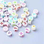 Craft Acrylic Horizontal Hole Letter Beads, Flat Round, Mixed Color, Letter, 6~7x3.5~4mm, Hole: 2mm, about 3600pcs/500g(SACR-S201-11)