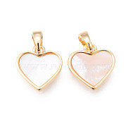 Brass Charms, with Shell and Snap on Bails, Heart, Real 18K Gold Plated, Nickel Free, Seashell Color, 12x12x2.5mm, Hole: 2.5x4.5mm(X-KK-R116-004-NF)