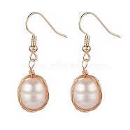 Natural Pearl Dangle Earrings, Golden Tone Brass Wire Wrap Jewelry for Women, Oval Pattern, 37~38mm, Pin: 0.6mm(EJEW-JE05167-02)