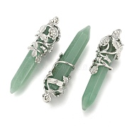 Natural Green Aventurine Pointed Pendants, with Brass Findings, Bullet, Platinum, 57~60x16mm, Hole: 8x5mm(G-O164-02-P07)