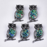Abalone Shell/Paua Shell Brooches/Pendants, with Rhinestone and Alloy Findings, Resin Bottom, Owl, Antique Silver, 51x28~29x13.5mm, Hole: 4.5x8.5mm, Pin: 0.5mm(RESI-S376-12)