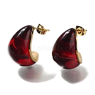 Ion Plating(IP) 304 Stainless Teardrop Steel Stud Earrings, with Resin, Golden, Dark Red, 20.5x15mm(EJEW-C118-07C)