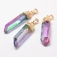 Electroplate Natural Quartz Crystal Pointed Pendants, with Brass Findings, Faceted, Bullet, Golden, 43~65x9~15x8~15mm, Hole: 5x8mm(G-F463-01G)