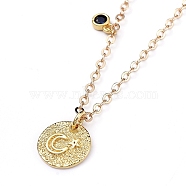 Pendant Necklaces, with Flat Round with Star &  Moon Brass Pendant, Cubic Zirconia Charms and Lobster Claw Clasps, Golden, 16 inch(40.7cm)(NJEW-JN02810-02)