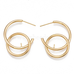 Brass Stud Earring Findings, Half Hoop Earrings, For Half Drilled Beads, Nickel Free, Real 18K Gold Plated, 31x25x4mm, Pin: 0.6mm & 0.8mm(X-KK-T038-213G)