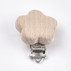 Beech Wood Baby Pacifier Holder Clips, with Iron Clips, Flower, Platinum, BurlyWood, 54x41.5x18mm, Hole: 3.5x6mm(WOOD-T015-12)