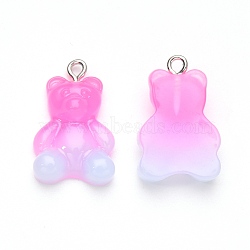 Gradient Color Opaque Resin Pendants, with Glitter Powder and Platinum Tone Iron Peg Bails, Bear, Deep Pink, 23.5x15x6.5mm, Hole: 1.8mm(RESI-R433-01A)