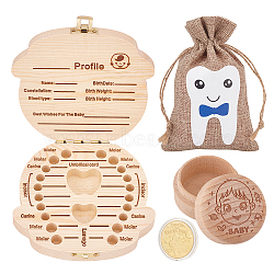 Wooden Baby Boy Tooth Keepsake Organizer Storage Box, Baby Girl/Boy First Lost Deciduous Teeth Collection, for Baby Shower Gifts, with 1PC Rectangle Linen Packing Pouches, Iron Commemorative Coin, BurlyWood, 12.2x12.5x2.7cm(CON-FG0001-08B)
