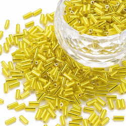 Plated Glass Bugle Beads, Metallic Colours, Yellow, 4x2mm, Hole: 1mm, about 14000pcs/Pound(SEED-S046-01A-30)