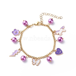 Alloy Enamel & Glass Pearl Charm Bracelet with 304 Stainless Steel Chains for Women, Blue Violet, Pendants: 11~20x7.5~21x1.5~8mm, 7-1/2 inch(19cm)(BJEW-JB08707-04)