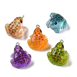 Luminous Transparent Resin Pendants, Frog Charm, with Platinum Iron Loops, Glow in the Dark, Mixed Color, 27.5x23x15mm, Hole: 2mm(RESI-F077-01P)