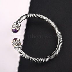 Adjustable C-shaped Stainless Steel Twist Open Cuff Bracelets with Natural Amethyst, Stainless Steel Color(UG3207-4)