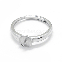 Anti-Tarnish Adjustable Rhodium Plated 925 Sterling Silver Finger Ring Components, For Half Drilled Beads, Platinum, Size 7, 17mm, Tray: 7mm, Pin: 0.9mm(STER-L055-019P)