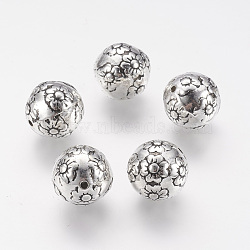 CCB Plastic Beads, Round with Flower, Antique Silver, 16mm, Hole: 1.5mm(CCB-P004-11AS)