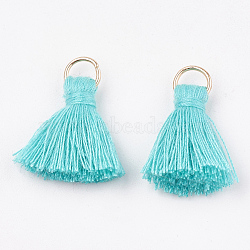 Polycotton(Polyester Cotton) Tassel Pendant Decorations, with Iron Findings, Light Gold, Turquoise, 20~30x7~8mm, Hole: 5mm(X-FIND-S280-08)