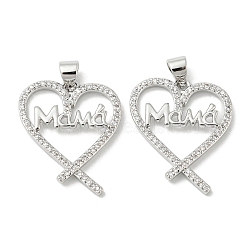 Mother's Day Theme Rack Plating Brass Micro Pave Cubic Zirconia Pendants, Long-Lasting Plated, Lead Free & Cadmium Free, Heart and Word Mama Charms, Platinum, 23.5x19x2mm, Hole: 5x3mm(KK-F869-19P-02)