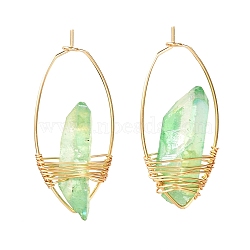 Electroplated Natural Quartz Wire Wrapped Earrings for Girl Women, Golden Horse Eye Shape Brass Hoop Earrings, Green, 38~39x19x5~6.5mm, Pin: 0.7mm(EJEW-JE04647-02)