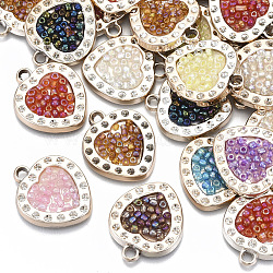 UV Plating Acrylic Pendants Rhinestone Settings, with Seed Beads, Light Gold, Heart, Mixed Color, 25x22x4~5mm, Hole: 2.5mm(OACR-N010-016)