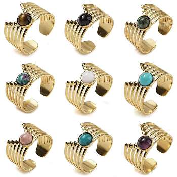 Natural & Synthetic Gemstone Finger Rings, 304 Stainless Steel Multi-layer Open Cuff Rings, Real 18K Gold Plated, 13.5mm, Adjustable