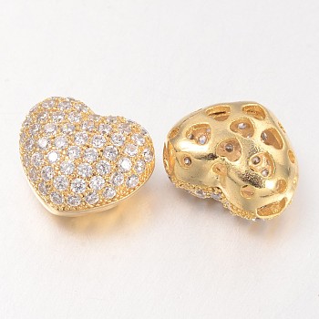 Hollow Heart Brass Micro Pave Cubic Zirconia Beads, Golden, 11x14x8mm, Hole: 3mm