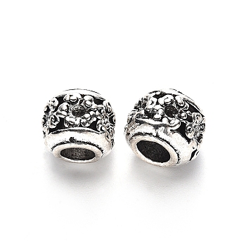 Tibetan Style Alloy European Bead Rhinestone Settings, Large Hole Beads, Lead Free, Column with Flower, Antique Silver, Fit For 1.5mm rhinestone, 10.5x9mm, Hole: 5mm, about 300pcs/1000g