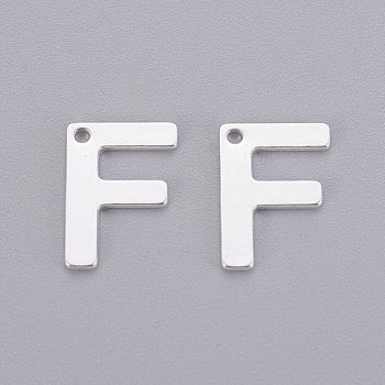 201 Stainless Steel Charms, Letter, Silver Color Plated, Letter.F, 11x7.5x0.7mm, Hole: 1mm