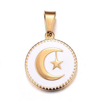 304 Stainless Steel Enamel Pendants, Flat Round with Moon and Star, Golden, White, 19x16x2mm, Hole: 4x6mm