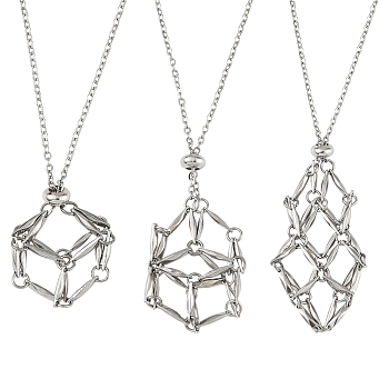 3Pcs 3 Styles 304 Stainless Steel Macrame Pouch Pendant Necklaces, Stainless Steel Color, 17.32~26.77 inch(44~68cm), 1pc/style