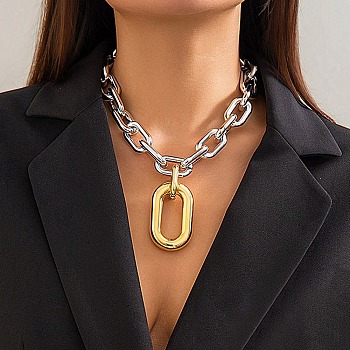 Aluminum Oval Pendant Necklaces, with Link Chains, Platinum, 14.37~14.57 inch(36.5~37cm)