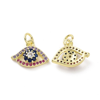 Brass Micro Pave Colorful Cubic Zirconia Charms, with Jump Ring, Eye Charm, Real 18K Gold Plated, 11.5x15x4mm, Hole: 3.2mm