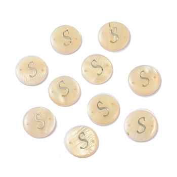 (Defective Closeout Sale: Yellowing), Freshwater Shell Links Connectors, with Platinum Brass Findings, Flat Round with Letter, Letter.S, 20x3mm, Hole: 1.4mm