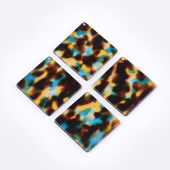 Cellulose Acetate(Resin) Pendants, Leopard Print, Rhombus, Colorful, 45x45x3mm, Hole: 1.4mm, Diagonal Length: 45mm, Side Length: 33mm