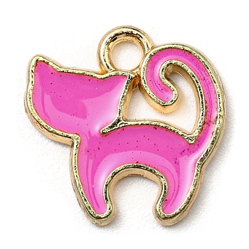 Alloy Charms, with Enamel, Golden, Cadmium Free & Nickel Free & Lead Free, Cat Shape Charms, Deep Pink, 13x13x1.5mm, Hole: 1.8mm
