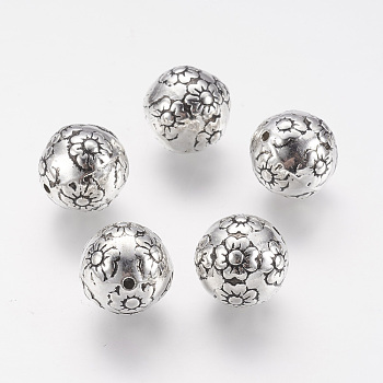 CCB Plastic Beads, Round with Flower, Antique Silver, 16mm, Hole: 1.5mm