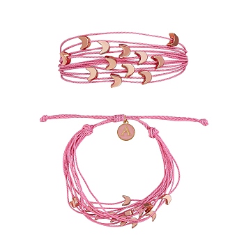 Multi String Cord Bracelet with Initial Letter A Charm, Moon and Star Adjustable Bracelet for Women, Pink, Inner Diameter: 1-3/4~3-1/4 inch(4.5~8.2cm)