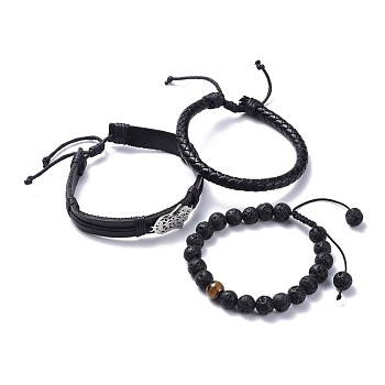 Adjustable Bracelets Sets, Stackable Bracelets, with Natural Lava Rock & Tiger Eye Beads, 201 Stainless Steel Hamsa Hand Links, Nylon Thread, Cowhide Leather Cord, Braided Leather Cord, Stainless Steel Color, 2 inch~3-3/8 inch(5.1~8.4cm), 6~10.5mm, 3pcs/set
