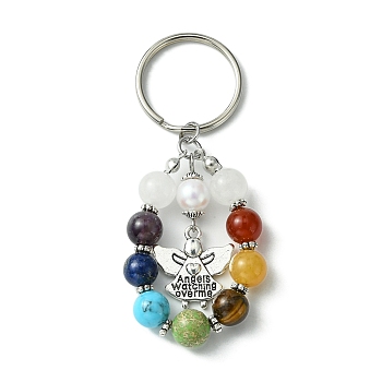7 Chakra Gemstone Bead Pendant Keychain with Tibetan Style Alloy Charm, for Car Key Bag Ornament, Angel & Fairy, 7.7cm