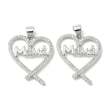 Mother's Day Theme Rack Plating Brass Micro Pave Cubic Zirconia Pendants, Long-Lasting Plated, Lead Free & Cadmium Free, Heart and Word Mama Charms, Platinum, 23.5x19x2mm, Hole: 5x3mm