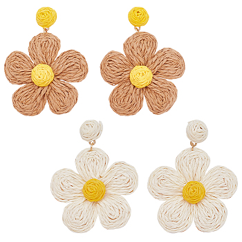 2 Pairs 2 Colors Raffia Grass Paper Flower Dangle Stud Earrings, Alloy Long Drop Earrings for Women, Mixed Color, 68.5mm, Pin: 0.7mm, 1 Pair/color