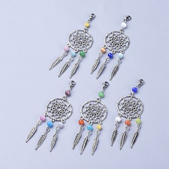 Tibetan Style Alloy Big Pendants, with Cat Eye Beads & 304 Stainless Steel Lobster Claw Clasps, Woven Net/Web with Feather, Mixed Color, 93.5mm