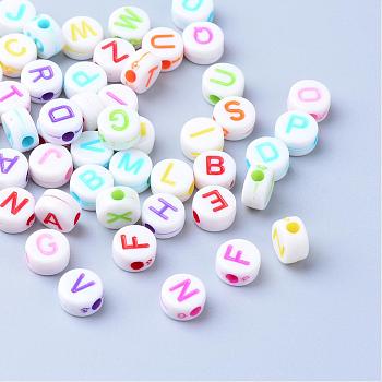 Craft Acrylic Horizontal Hole Letter Beads, Flat Round, Mixed Color, Letter, 6~7x3.5~4mm, Hole: 2mm, about 3600pcs/500g
