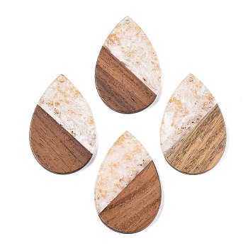 Transparent Resin & Walnut Wood Big Pendants, with Glitter Powder, Teardrop, White, 51.5x33~33.5x3.5mm, Hole: 2mm