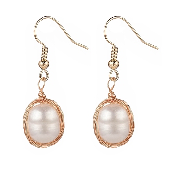 Natural Pearl Dangle Earrings, Golden Tone Brass Wire Wrap Jewelry for Women, Oval Pattern, 37~38mm, Pin: 0.6mm