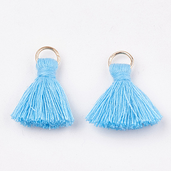 Polycotton(Polyester Cotton) Tassel Pendant Decorations, with Iron Findings, Light Gold, Light Sky Blue, 20~30x7~8mm, Hole: 5mm