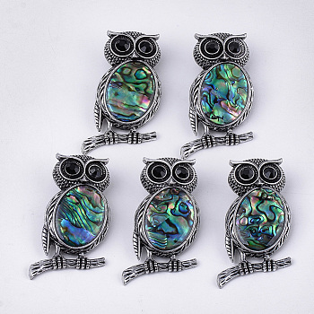 Abalone Shell/Paua Shell Brooches/Pendants, with Rhinestone and Alloy Findings, Resin Bottom, Owl, Antique Silver, 51x28~29x13.5mm, Hole: 4.5x8.5mm, Pin: 0.5mm
