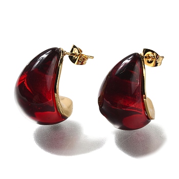 Ion Plating(IP) 304 Stainless Teardrop Steel Stud Earrings, with Resin, Golden, Dark Red, 20.5x15mm