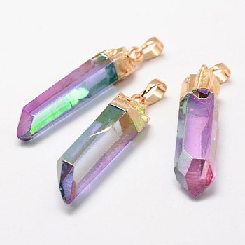 Electroplate Natural Quartz Crystal Pointed Pendants, with Brass Findings, Faceted, Bullet, Golden, 43~65x9~15x8~15mm, Hole: 5x8mm